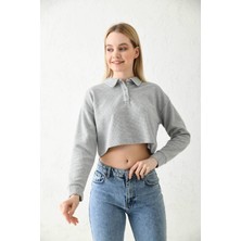 Moviment Gri Polo Yaka Crop Bluz