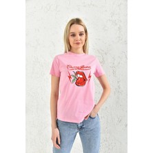 Moviment Pembe Bisiklet Yaka Baskı Detaylı T-Shirt