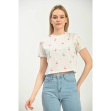 Moviment Beyaz Baskılı Crop Örme T-Shirt