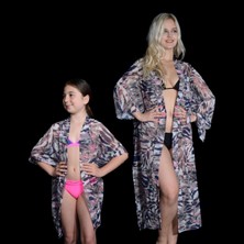 Tedz Collection Paredora Lacivert Dalga Desenli Anne Kız Kimono Pareo