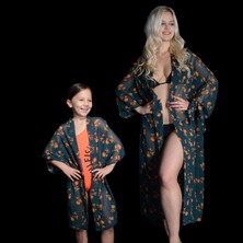 Tedz Collection Paredora Yeşil Turuncu Çiçek Desenli Anne Kız Kimono Pareo