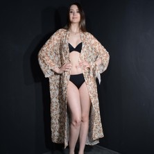 Tedz Collection Paredora Sütlü Kahve Yaprak Desenli Kimono Pareo