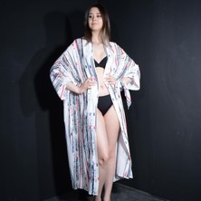 Tedz Collection Paredora Lacivert Fırça Desenli Beyaz Kimono Pareo