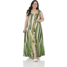 Disentis Modest Büyük Beden Kalın Bant Askılı Önü Boydan Düğmeli Uzun Yeşil Elbise