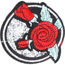 Bidolu Kırmızı Gül Desenli Dökme Taşlı Yuvarlak Patch