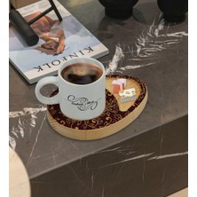 BK Kişiye Özel Retro Motif Tasarımlı Doğal Ahşap Tabaklı Türk Kahvesi Fincanı Sunum Seti Model 13