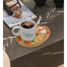 BK Kişiye Özel Meyveler Tasarımlı Doğal Ahşap Tabaklı Türk Kahvesi Fincanı Sunum Seti Model 3