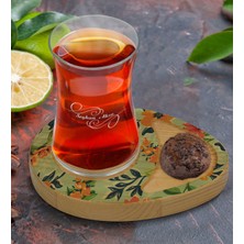 BK Kişiye Özel Çiçekler Tasarımlı Doğal Ahşap Tabaklı Heybeli Çay Bardağı Sunum Seti Model 5
