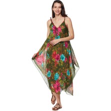 Yeşil Çiçek Desenli Askılı ELBISE-6136