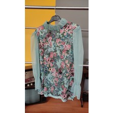 Deseo Boutique Kadın Kolları Tül Detaylı Su Yeşili Renk Şık Bluz