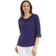 Newbutix Şile Bezi Mor Dantel Yaka Yarım Kol  Bluz