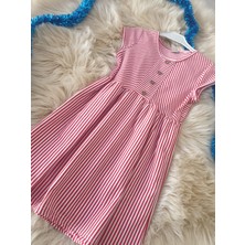 Amber Butik Düğme Detay Likralı Çizgili Kırmızı Kız Çocuk Elbise