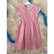 Amber Butik Düğme Detay Likralı Çizgili Kırmızı Kız Çocuk Elbise