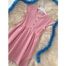 Amber Butik Düğme Detay Likralı Çizgili Kırmızı Kız Çocuk Elbise