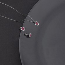 Ravza Gümüş 925 Ayar Gümüş Oval Yakut Model Kolye ve Küpe Takı Seti