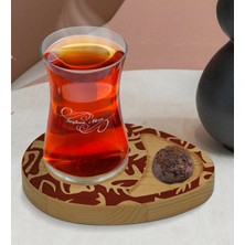 BK Kişiye Özel Retro Motif Tasarımlı Doğal Ahşap Tabaklı Heybeli Çay Bardağı Sunum Seti Model 2