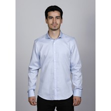 Salve %100 Pamuk Slim Fit Armürlü Desen Italyan Yaka Mavi Gömlek 22135