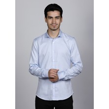 Salve %100 Pamuk Slim Fit Armürlü Desen Italyan Yaka Mavi Gömlek 22135