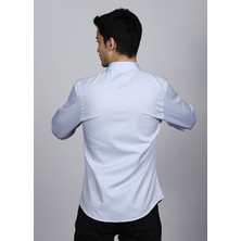 Salve %100 Pamuk Slim Fit Armürlü Desen Italyan Yaka Mavi Gömlek 22135