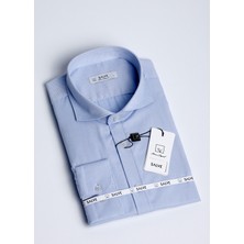 Salve %100 Pamuk Slim Fit Armürlü Desen Italyan Yaka Mavi Gömlek 22135
