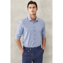 ALTINYILDIZ CLASSICS Erkek Beyaz-lacivert Slim Fit Dar Kesim Klasik Yaka Armürlü Gömlek
