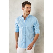 Altınyıldız Classics Erkek Mavi Slim Fit Dar Kesim Düğmeli Yaka %100 Pamuk Düz Casual Gömlek
