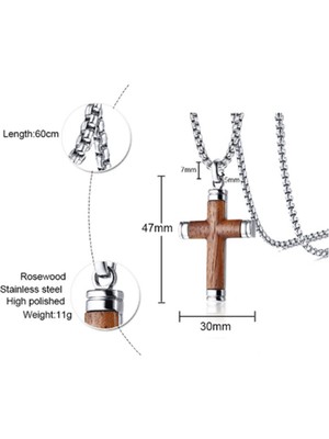 Titanyum Çelik Haç Çapraz Kolye Kolye Ahşap Kakma ile - Kolye + Kolye Gümüş Çevre