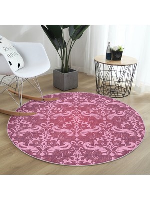 Fuşya Zeminli Damask Motifler Modern Pembe Salon ve Oturma Odası Yıkanabilir Kaymaz Tabanlı Yuvarlak Halı