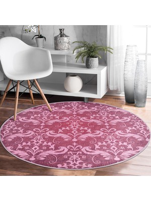 Fuşya Zeminli Damask Motifler Modern Pembe Salon ve Oturma Odası Yıkanabilir Kaymaz Tabanlı Yuvarlak Halı