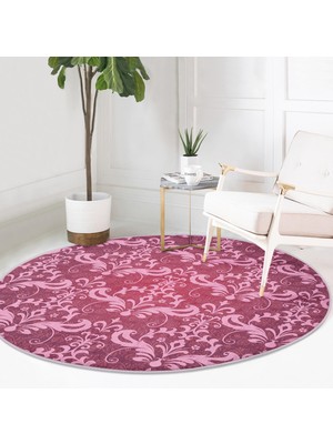 Fuşya Zeminli Damask Motifler Modern Pembe Salon ve Oturma Odası Yıkanabilir Kaymaz Tabanlı Yuvarlak Halı