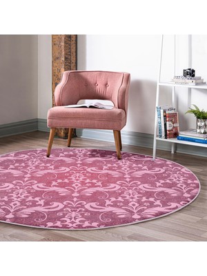 Fuşya Zeminli Damask Motifler Modern Pembe Salon ve Oturma Odası Yıkanabilir Kaymaz Tabanlı Yuvarlak Halı