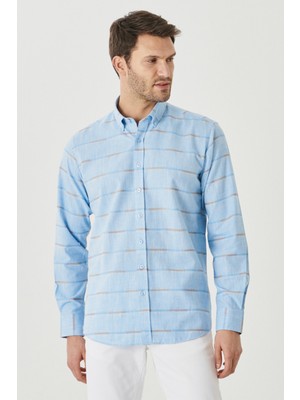 ALTINYILDIZ CLASSICS Erkek Açık Mavi Comfort Fit Rahat Kesim Düğmeli Yaka %100 Pamuk Çizgili Gömlek