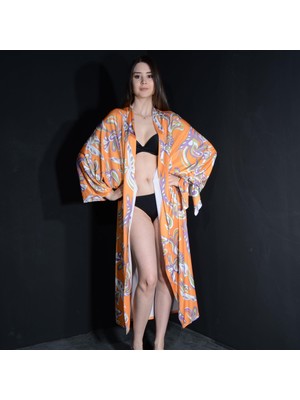 Tedz Collection Paredora Turuncu Kelebek Desenli Kimono Pareo