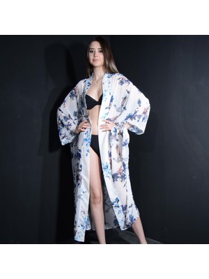 Tedz Collection Paredora Lacivert Çiçekli Beyaz Kimono Pareo