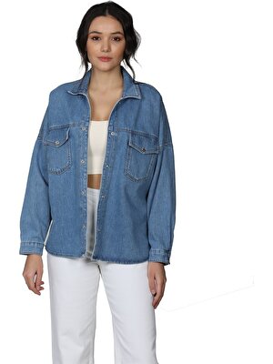 Whitney Kadın Basic Çıtçıtlı Mavi Jean Gömlek