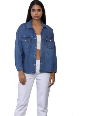 Whitney Kadın Basic Çıtçıtlı Mavi Jean Gömlek