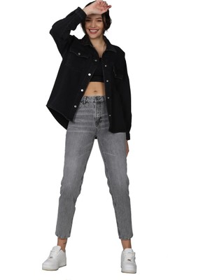 Whitney Kadın Basic Çıtçıtlı Siyah Jean Gömlek