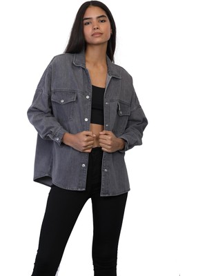 Whitney Kadın Basic Çıtçıtlı Gri Jean Gömlek