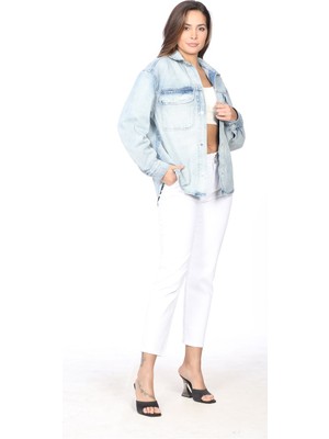 Whitney Kadın Cepli Buz Rengi Jean Gömlek