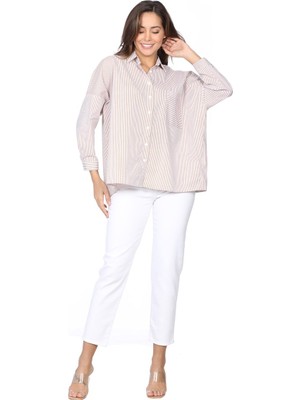 Whitney Kadın Beyaz Üzerine Kahve Çizgili Tek Cep Detaylı Tery Cotton Gömlek