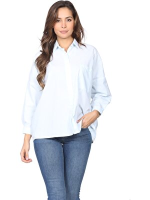 Whitney Kadın Beyaz Üzerine Turkuaz Çizgili Tek Cep Detaylı Tery Cotton Gömlek