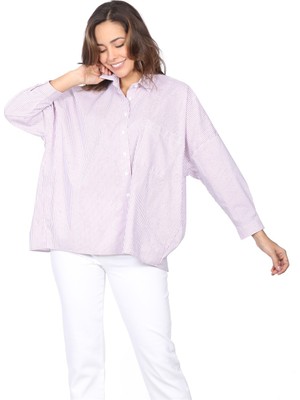 Whitney Kadın Beyaz Üzerine Lila Çizgili Tek Cep Detaylı Tery Cotton Gömlek