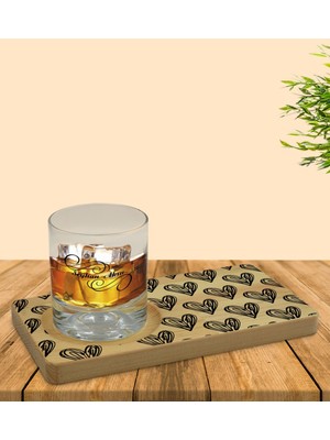 Kişiye Özel Kalpler Tasarımlı Doğal Ahşap Tabaklı Viski Bardağı Sunum Seti Model 1