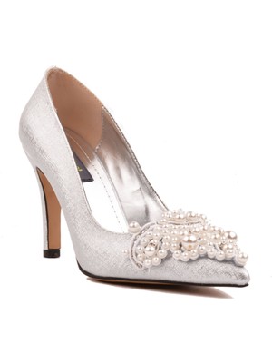 Derinet Gümüş Kadın Taşlı Stilletto Ayakkabı