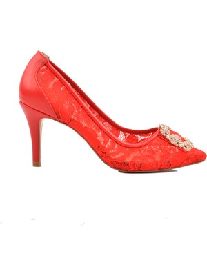 Derinet Kırmızı Dantel Dekolteli Kadın Topuklu Ayakkabı
