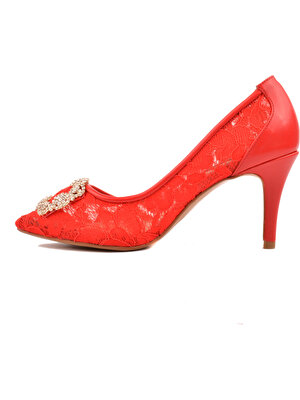 Derinet Kırmızı Dantel Dekolteli Kadın Topuklu Ayakkabı