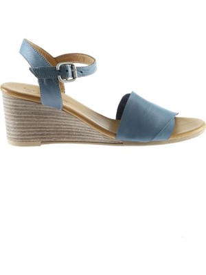 Bueno Shoes Mavi Deri Kadın Dolgu Topuklu Sandalet