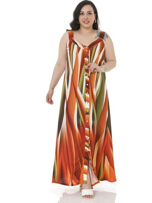 Disentis Modest Büyük Beden Kalın Bant Askılı Önü Boydan Düğmeli Uzun Kırmızı Elbise