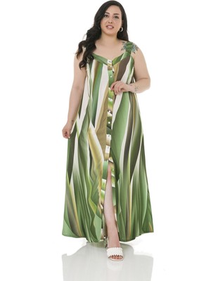 Disentis Modest Büyük Beden Kalın Bant Askılı Önü Boydan Düğmeli Uzun Yeşil Elbise