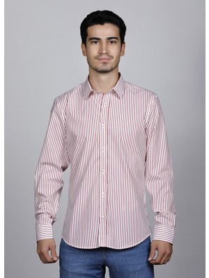 SALVE Pamuk Slim Fit Kırmızı Çizgili Casual Gömlek 22124